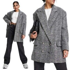 New! Topshop Herringbone Textured Wool Oversized Longline Coat
